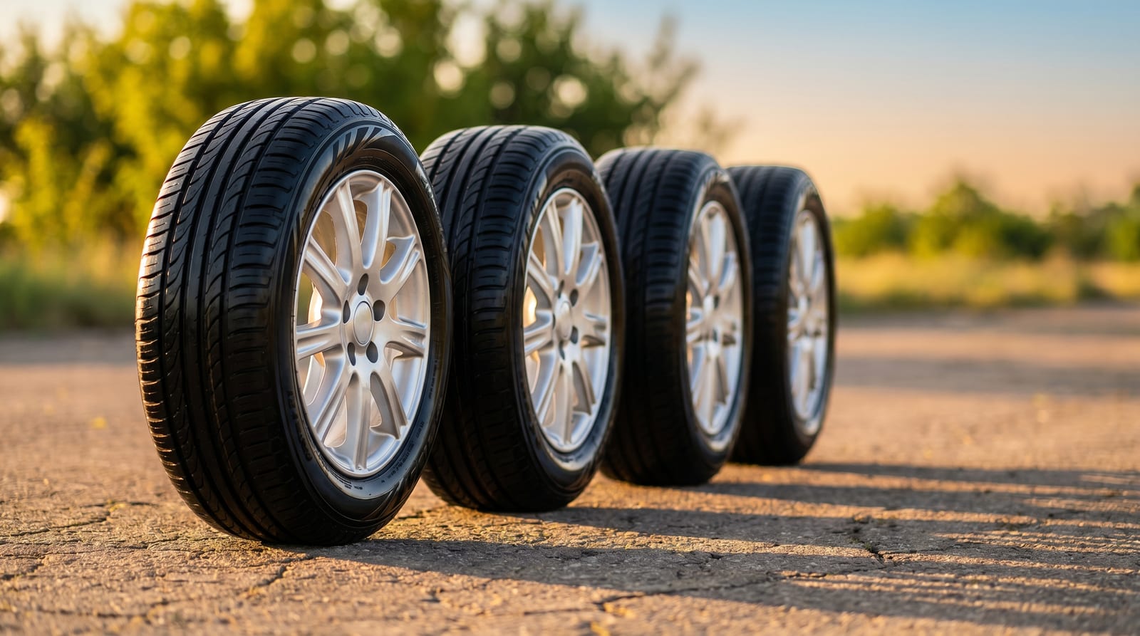 Patru anvelope de vară noi pe jante de 15 inch, aliniate într-un rând pe asfalt uscat, în lumină caldă de seară
